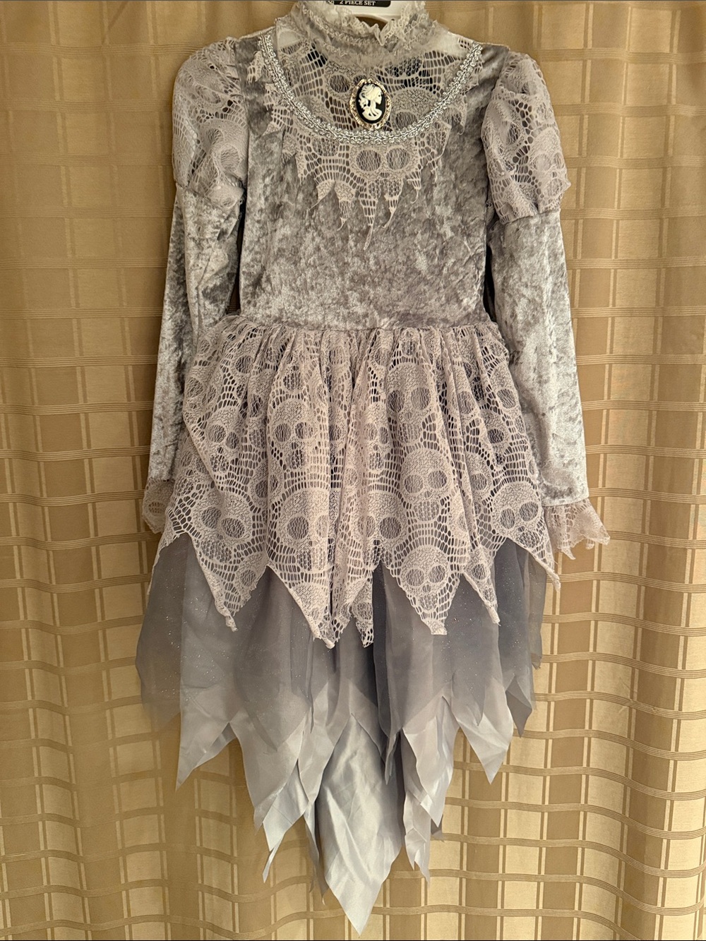 Girls Gray Gothic Lace Halloween or theater Costume Dress with Cameo 🎃